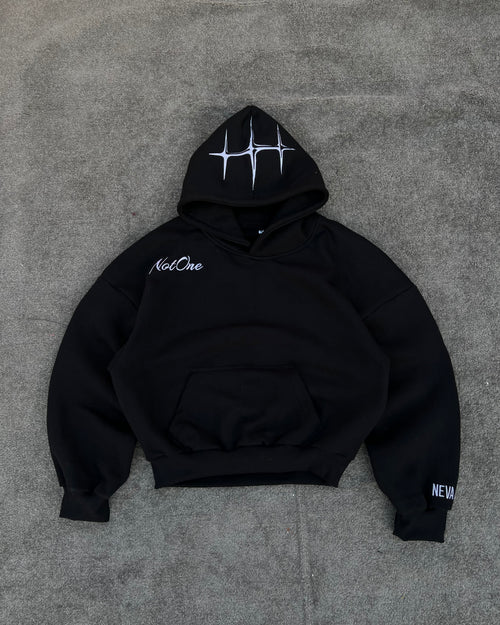 Black embroidered hoodie front view with Never Alone chest logo